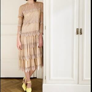 Ethereal 1970's Designer Rina di Montella Tiered Lace Evening Dress Size 10/Med